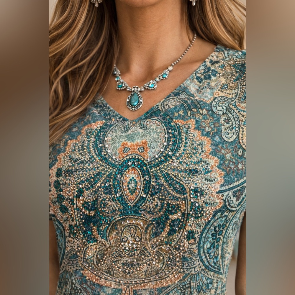 Reba Teal Paisley Midi Dress - Picture 2 of 7